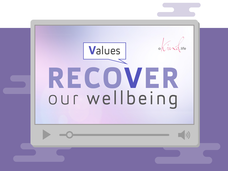 Video player screen, displaying RECOVER our Wellbeing video screen, with speech bubble over the V for Values